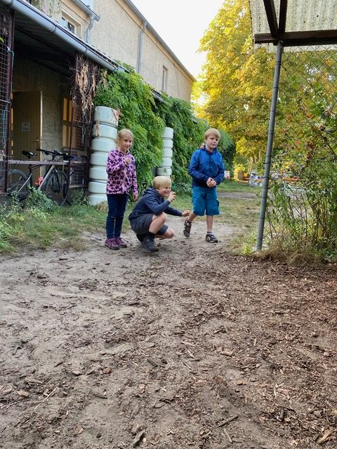 Drei Kinder spielen im Hocken bzw. Stehen mit Naturmaterialien.
